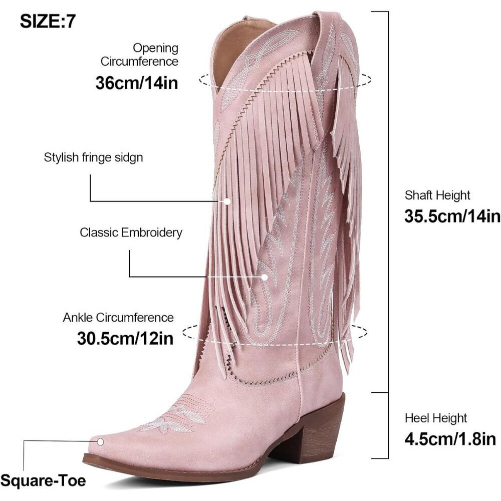 Women's Pink PU Pointed Toe Pull On Block Chunky Heel Embroidery Tassel Country - Picture 5 of 6